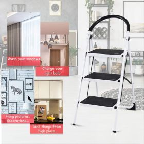 3 Step Ladder Folding Step Stool Ladder;  Sturdy Steel Ladder with Wide Pedal 330 lbs Capacity; White+Black