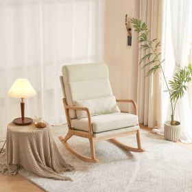 100*65*101cm High Back Belt Waist Pillow Log Color Solid Wood Armrest Backrest Seat Frame Iron Frame Indoor Rocking Chair Off-white Linen