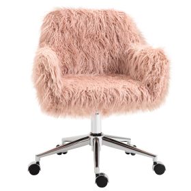 Vinsetto Faux Fur Desk Chair, Swivel Vanity Chair with Adjustable Height and Wheels for Office, Bedroom, Pink