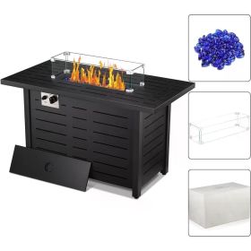 43" Fire Pit,Propane Fire Pit Table with Blue Glass Rocks and Tempered Glass Wind Guard.Outdoor Fire Pit with Lid and Rain Cover