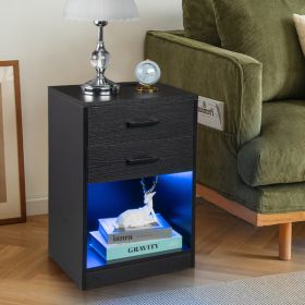 FCH 40*35*60cm Particleboard Pasted Triamine Two Drawers With Socket With LED Light Bedside Table Black