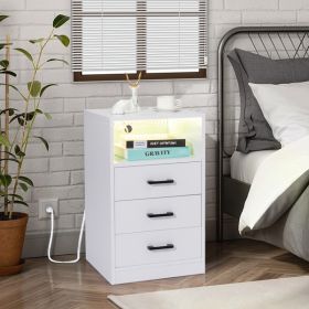 FCH 40*35*65cm Particleboard Pasted Triamine Three Drawers With Socket With LED Light Bedside Table White