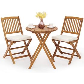 3Pcs Patio Bistro Set,Wood Folding Table Sets,2 Cushioned Chairs for Garden Yard,Outdoor Furniture Round Table (Natural & Beige)