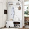 Hall Tree with Top Shelf and Storage Bench, Hallway Shoe Cabinet with Sliding Doors, Coat Rack with 5 Hanging Hooks for Entryways Hallways,White