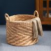 Round Water Hyacinth Seagrass Woven Basket with Handles - 15" x 15" x 15" - Natural Brown - For Clothes, Towels, Canvas