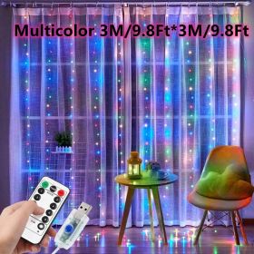 1pc; Window String Lights; Christmas Decoration 100/200/300 LED Remote Control USB Wedding Garland Curtain Lamp 3M/9.8Ft Fairy Lights (Color: Multicolor, size: 9.84ftx9.84ft -300LED)