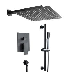 12-inch/10-inch Wall Mount Square Stainless Steel High Pressure Rainfall Shower Head with Handheld Spray Combo, 360 Degree Adjustable Slide Bar (Color: Matte Black, Shower head Size: 12 inch)