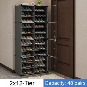 Clear Door DIY Shoe Rack Storage Multi-Cube Organizer Cabinet Stackable Closet Shoe Shelf Large capacity 60-96 pair (Color: Black 2x12 Tier)