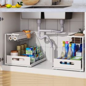 2 Pack Under Sink Organizers and Storage, 2 Tier Sliding Cabinet Basket Organizer Drawer Pull Out Cabinet Organizer (Color: 2 Pack-White)