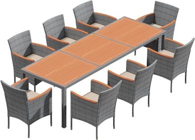 9 Piece Patio Dining Set Outdoor Acacia Wood Table and Chairs with Soft Cushions Wicker Patio Furniture for Deck, Backyard (Color: GREY)