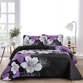 Floral Quilt Set 3 Pieces Boho Blue Floral Quilt Coverlet Set Soft Microfiber Lightweight Quilted Bedspread (Color: Purple -King)