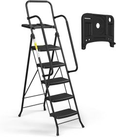 HBTower 5 Step Ladder with Handrails, Folding Step Stool with Tool Platform, 330 LBS Portable Steel Ladder for Adults (Color: Green & Orange)