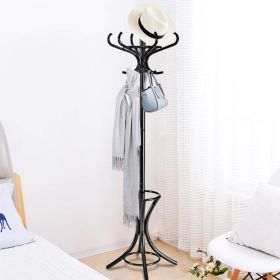 Wooden Standing Coat Rack Tree with 12 Hooks and Umbrella Stand (Color: Black)