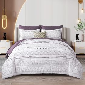 Comforter Set King Size,7 Pieces Bed in a Bag Grey White Comforter Geometric Bohemian Complete Bedding Set with Sheet (Color: Purple, size: King 90 103)