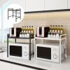 2 Tier Microwave Shelf Stainless Steel Expandable Shelf and Organiser for Kitchen Worktops with 3 Hooks White/Black